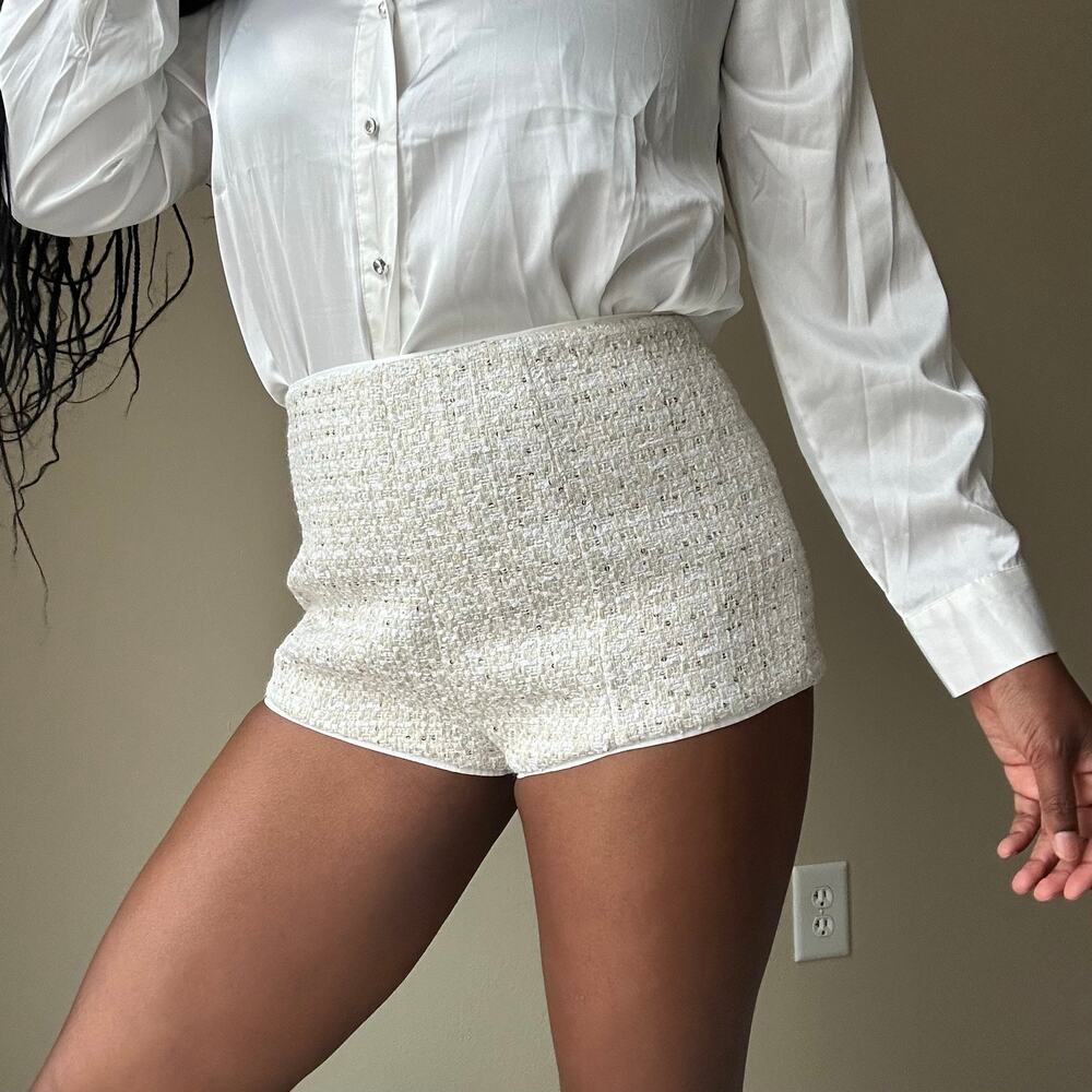 Camilla Coelho Annika White and Gold Tweed High Waisted Micro Short Size Medium